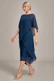 Marineblauwe Chiffon A-lijn boothals midi koorjurk