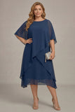 Navy plus size Chiffon A-Line boothals midi Mother of the Bride jurk