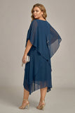Navy plus size Chiffon A-Line boothals midi Mother of the Bride jurk