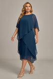 Navy plus size Chiffon A-Line boothals midi Mother of the Bride jurk