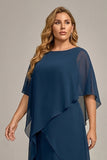 Navy plus size Chiffon A-Line boothals midi Mother of the Bride jurk