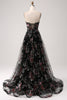 Afbeelding in Gallery-weergave laden, Zwarte A-lijn bloem pailletten lange korset galajurk