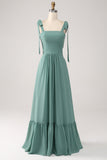 Een lijn chiffon groene lange bruidsmeisje jurk met geplooid