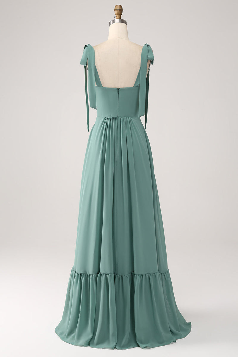 Afbeelding in Gallery-weergave laden, Een lijn chiffon groene lange bruidsmeisje jurk met geplooid