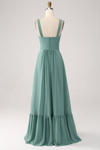 Een lijn chiffon groene lange bruidsmeisje jurk met geplooid