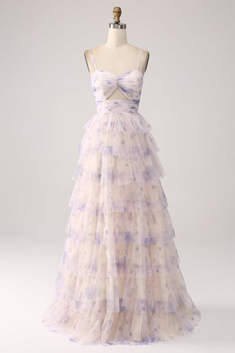 Lavendel bloem gelaagde prinses Prom jurk met geplooid