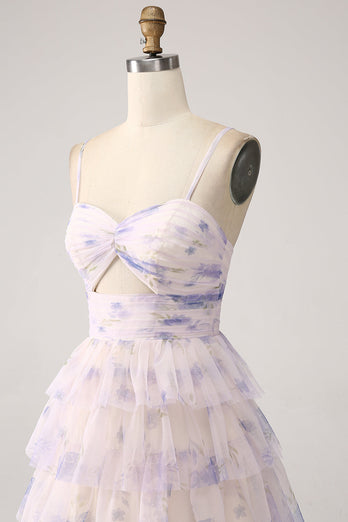 Lavendel bloem gelaagde prinses Prom jurk met geplooid