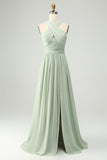 Dusty Sage A Line halter Chiffon geplooide lange plusmaat bruidsmeisjesjurk met split