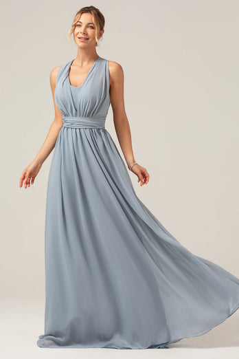 Stoffige blauwe converteerbare Boho chiffon lange moederschap bruidsmeisje jurk