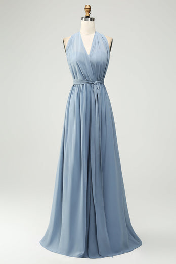 Converteerbare chiffon A lijn stoffige blauwe lange bruidsmeisje jurk