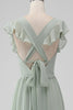 Afbeelding in Gallery-weergave laden, Matcha V-hals A lijn chiffon lange bruidsmeisjesjurk met split