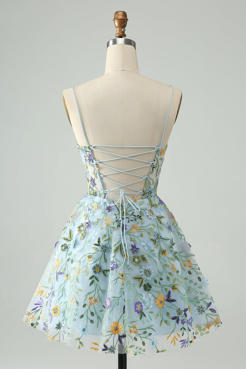 Afbeelding in Gallery-weergave laden, Elegante blauwe bloem A lijn korset korte Homecoming jurk met borduurwerk