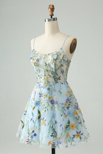Elegante blauwe bloem A lijn korset korte Homecoming jurk met borduurwerk