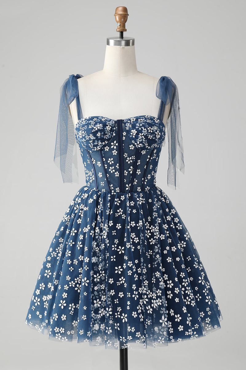 Afbeelding in Gallery-weergave laden, Marineblauw A-lijn spaghettibandjes print korset korte Homecoming jurk