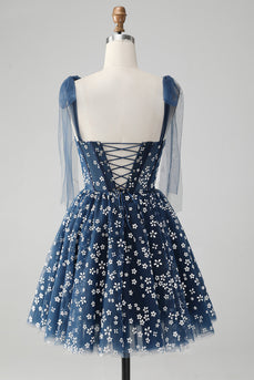 Marineblauw A-lijn spaghettibandjes print korset korte Homecoming jurk