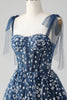Afbeelding in Gallery-weergave laden, Marineblauw A-lijn spaghettibandjes print korset korte Homecoming jurk