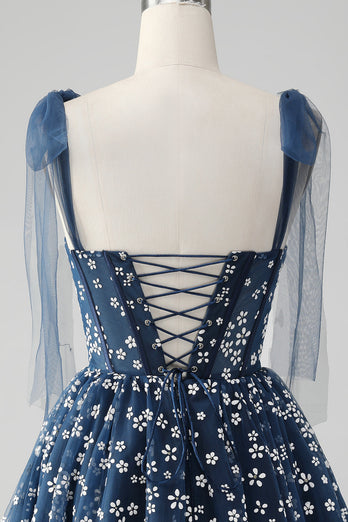Marineblauw A-lijn spaghettibandjes print korset korte Homecoming jurk
