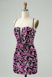 Sprankelende Fuchsia Bodycon Spaghettibandjes Pailletten Korte Homecoming Jurk