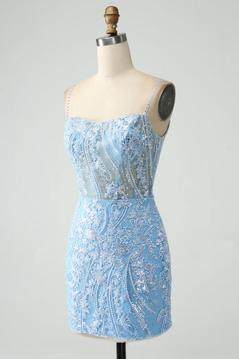 Sprankelende hemelsblauwe spaghettibandjes met kralen en korte Homecoming-jurk