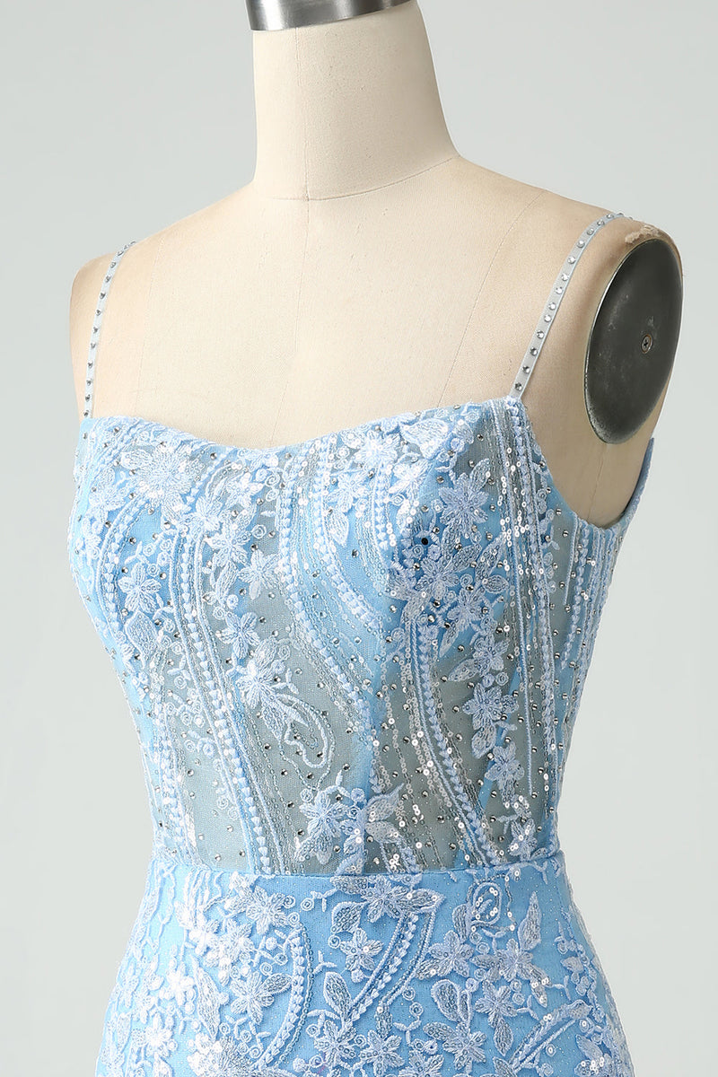 Afbeelding in Gallery-weergave laden, Sprankelende hemelsblauwe spaghettibandjes met kralen en korte Homecoming-jurk