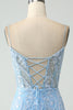 Afbeelding in Gallery-weergave laden, Sprankelende hemelsblauwe spaghettibandjes met kralen en korte Homecoming-jurk