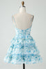Afbeelding in Gallery-weergave laden, A-lijn spaghettibandjes Gelaagde blauwe gebloemde korte Homecoming-jurk