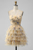 Afbeelding in Gallery-weergave laden, Gele A-lijn Halter gelaagde korte Tule Homecoming jurk