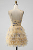 Afbeelding in Gallery-weergave laden, Gele A-lijn Halter gelaagde korte Tule Homecoming jurk