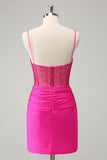 Fuchsia Bodycon Spaghettibandjes Korte Homecoming Jurk met Ruches en Kralen