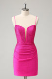 Fuchsia Bodycon Spaghettibandjes Korte Homecoming Jurk met Ruches en Kralen