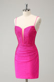 Fuchsia Bodycon Spaghettibandjes Korte Homecoming Jurk met Ruches en Kralen