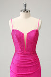 Fuchsia Bodycon Spaghettibandjes Korte Homecoming Jurk met Ruches en Kralen