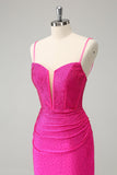 Fuchsia Bodycon Spaghettibandjes Korte Homecoming Jurk met Ruches en Kralen