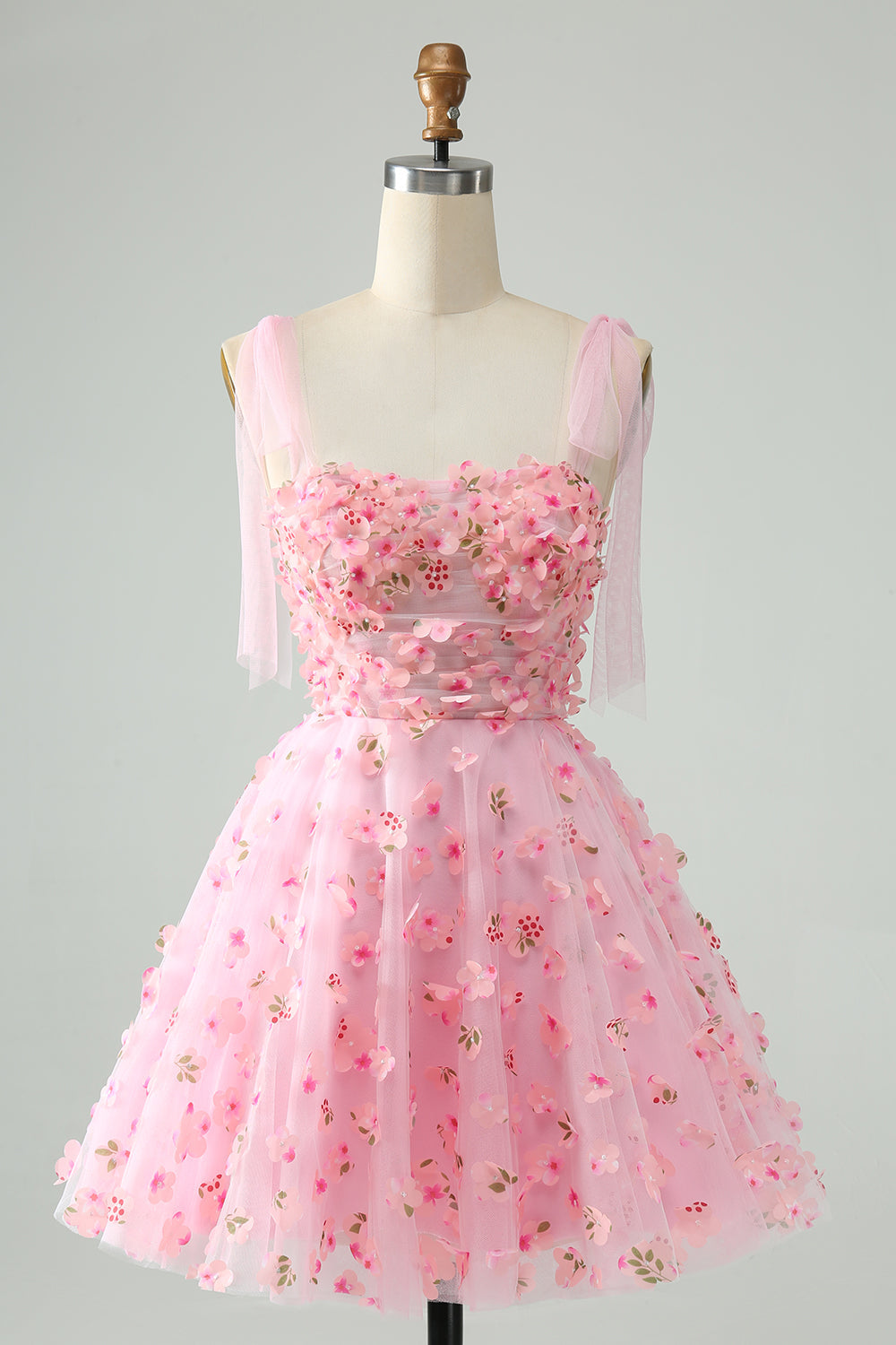 Leuke roze A-lijn spaghettibandjes korte Homecoming jurk met 3D-bloemen
