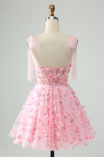 Leuke roze A-lijn spaghettibandjes korte Homecoming jurk met 3D-bloemen