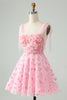 Afbeelding in Gallery-weergave laden, Leuke roze A-lijn spaghettibandjes korte Homecoming jurk met 3D-bloemen