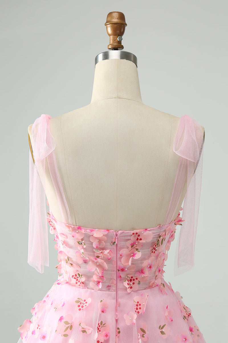 Afbeelding in Gallery-weergave laden, Leuke roze A-lijn spaghettibandjes korte Homecoming jurk met 3D-bloemen
