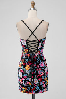 Black Flower Bodycon V-hals spaghettibandjes korte Homecoming Dress
