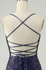 Afbeelding in Gallery-weergave laden, Sprankelende Navy pailletten strakke korte Homecoming jurk met franjes