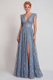 Grijsblauwe geappliqueerde V-hals A-lijn Mother of the Bride jurk met split