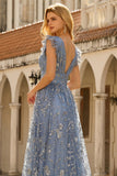 Grijsblauwe A-lijn pailletten V-hals lange galajurk met split