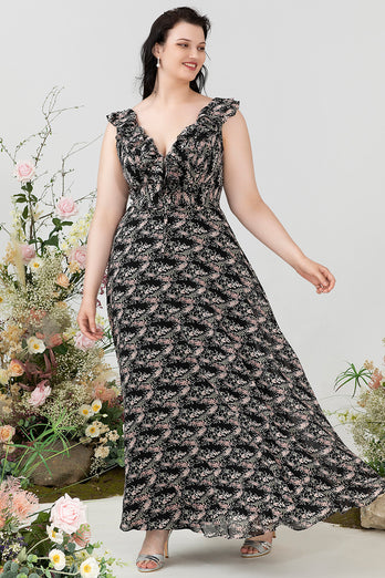 A lijn V hals zwart plus size bruidsmeisje jurk met ruches
