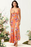 Oranje Bloemen Asymmetrische Boho Bruidsmeisjesjurk