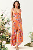 Oranje Bloemen Asymmetrische Boho Bruidsmeisjesjurk