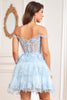 Afbeelding in Gallery-weergave laden, Sprankelend donkerblauw korset gelaagd korte homecoming jurk met kant