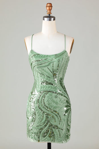 Sprankelende groene schede spaghettibandjes korte Homecoming jurk met kriskras terug