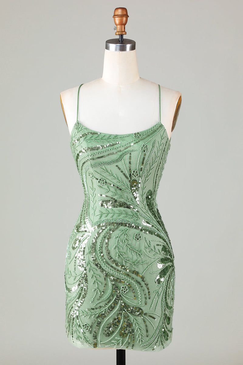 Afbeelding in Gallery-weergave laden, Sprankelende groene schede spaghettibandjes korte Homecoming jurk met kriskras terug