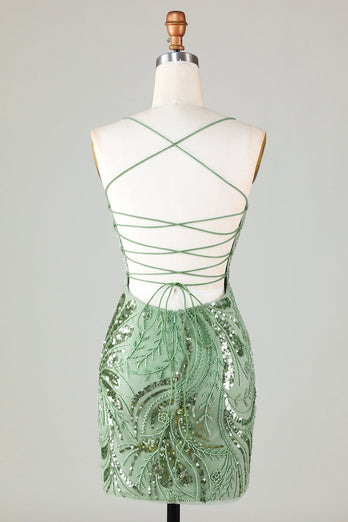 Sprankelende groene schede spaghettibandjes korte Homecoming jurk met kriskras terug