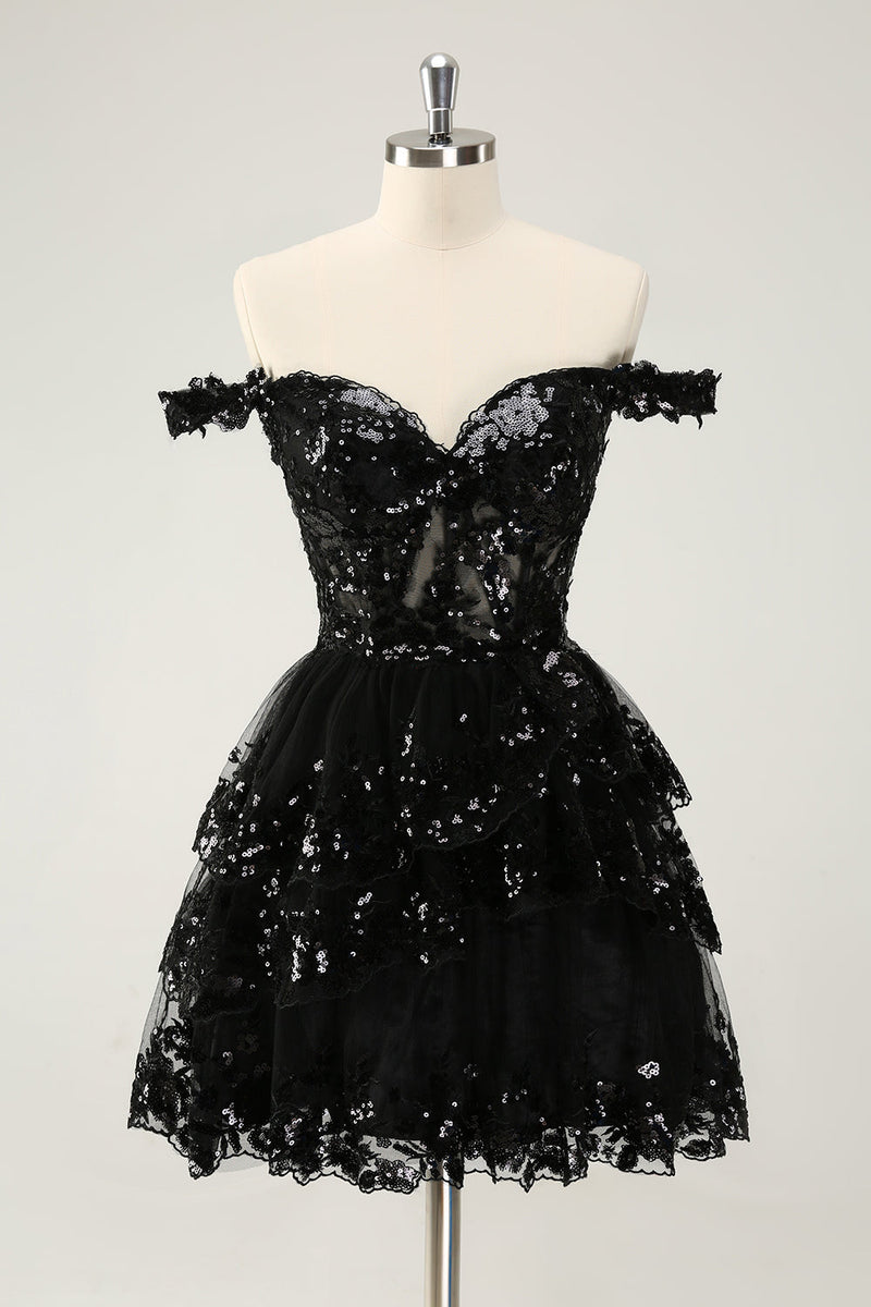 Afbeelding in Gallery-weergave laden, Sprankelende zwarte een lijn van de schouder korset gelaagde kant korte Homecoming jurk