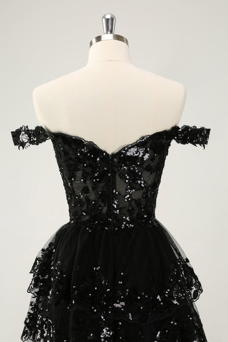 Afbeelding in Gallery-weergave laden, Sprankelende zwarte een lijn van de schouder korset gelaagde kant korte Homecoming jurk